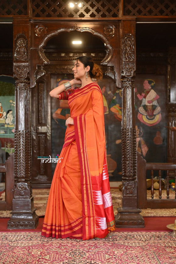 Handloom Cotton Viscose Ilkal Saree With Pure Resham Pallu – Bright Orange With Red Border
