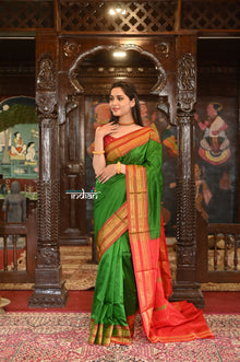  VMI HERITAGE Weave! Narayanpet Handloom Pure Silk Saree in Beautiful~ Leaf Green and Red
