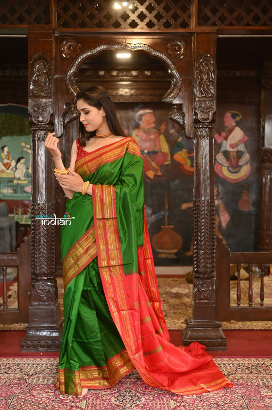 VMI HERITAGE Weave! Narayanpet Handloom Pure Silk Saree in Beautiful~ Leaf Green and Red