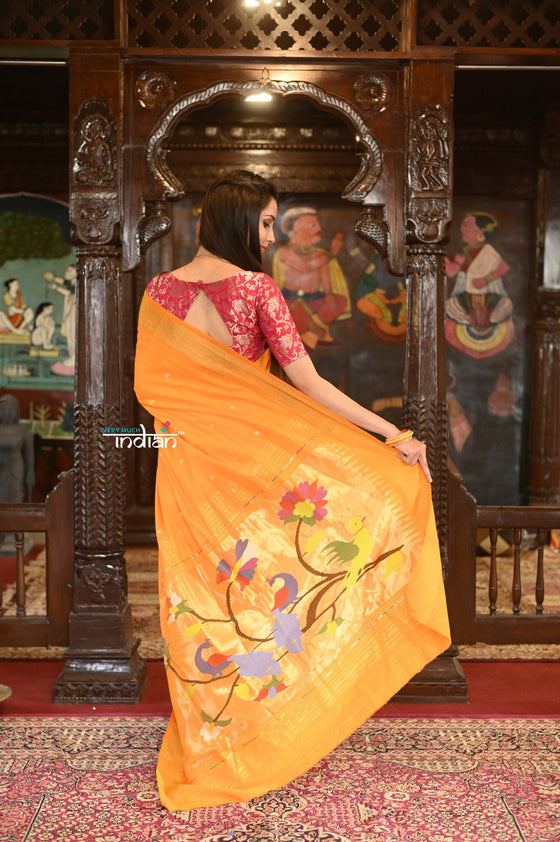 Shop Authentic Handloom Pure Cotton Paithani with Traditional Peacock Pallu~ Turmeric Yellow