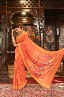  Authentic Handloom Pure Cotton Paithani with  Handcrafted Asawali Pallu~  Orange Shade