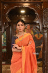 Authentic Handloom Pure Cotton Paithani with  Handcrafted Asawali Pallu~  Orange Shade