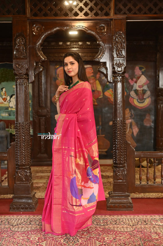 Authentic Handloom Pure Cotton Paithani with  Handcrafted Radhakrishna Pallu~ Rani Pink