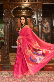  Shop Authentic Handloom Pure Cotton Paithani with Handcrafted Radhakrishna Pallu~ Rani Pink