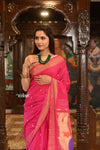 Authentic Handloom Pure Cotton Paithani with Handcrafted Radhakrishna Pallu~ Rani Pink