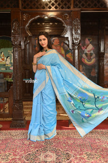  Authentic Handloom Pure Cotton Paithani with  Handcrafted Peacock Pallu~ Sky Blue