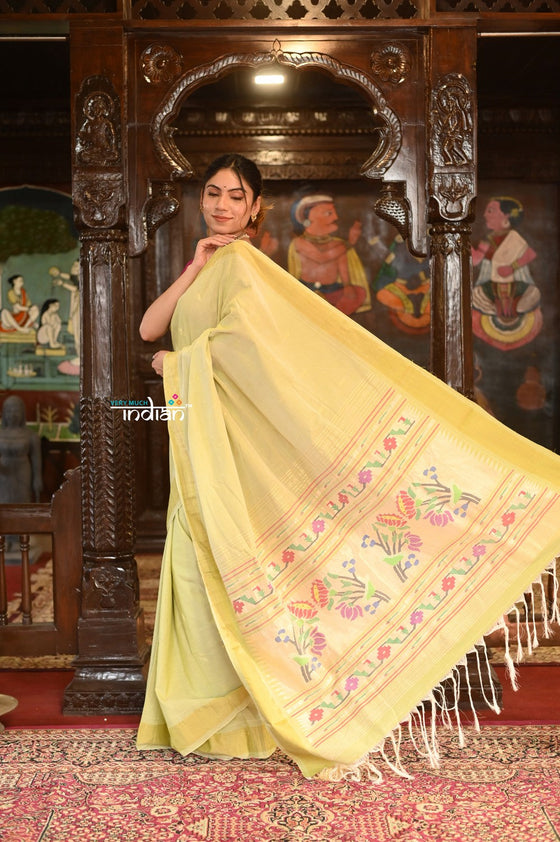 Authentic Handloom Pure Cotton Paithani with  Handcrafted Asawali Pallu~ Lime Yellow