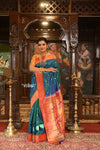 Exclusive Muniya Border - Authentic Handloom Pure Silk Muniya Border Paithani With Peacock Pallu - Dual Tone Blue Green