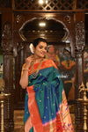 Exclusive Muniya Border - Authentic Handloom Pure Silk Muniya Border Paithani With Peacock Pallu - Dual Tone Blue Green