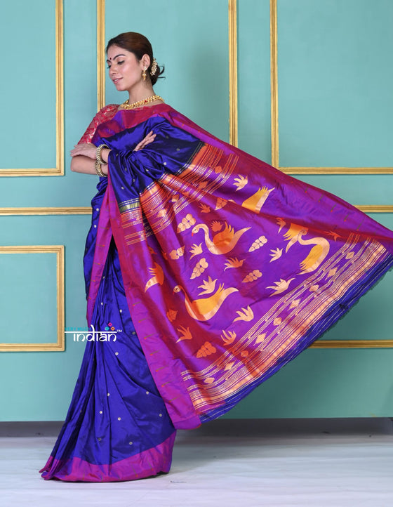 SUPER EXCLUSIVE! Handloom Pure Silk Dark Violet Muniya Border Paithani With Gorgeous Swan Pallu