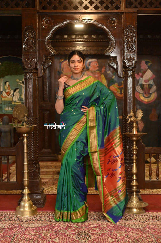 Shop Authentic High Quality Pure Silk Paithani With Most Traditional Double Pallu~ Dual Tone Blue Green