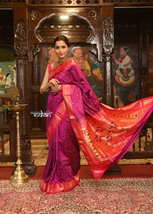  Authentic High Quality Pure Silk Paithani With Most Traditional Double Pallu~ Purplish Wine with Contrast Pink