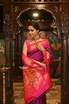 Vintage Authentic High Quality Pure Silk Paithani With Most Traditional Double Pallu~ Purplish Wine with Contrast Pink