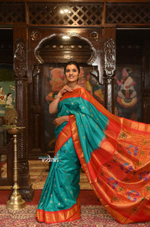  ROYAL WEAVE! Authentic Pure Silk Handloom Rama Green Maharani Paithani With Exclusive Contrast Maharani Pallu