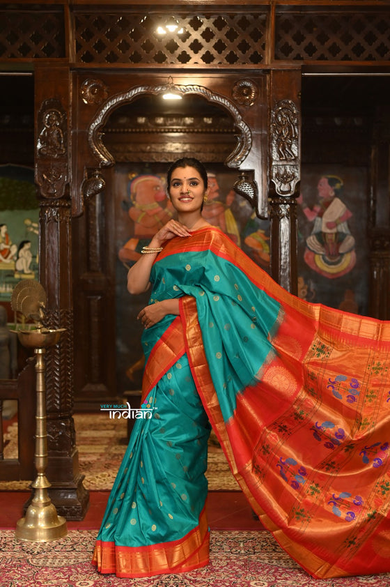 Rajsi ~ Authentic Pure Silk Handloom Maharani Paithani - Blue Green