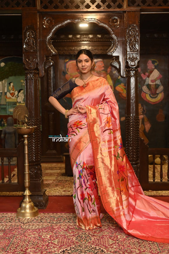 Shop Half allover High Quality Pure Silk Intricately Woven Handloom Paithani~ Pretty Peach