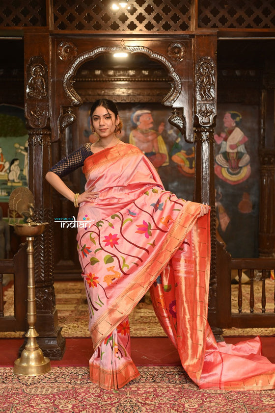 VMI Chosen Weave- Half allover High Quality Pure Silk Intricately Woven Handloom Paithani~ Pretty Peach