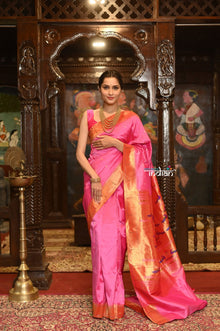  Exclusive Muniya Border - Authentic Handloom Pure Silk Muniya Border Paithani With Peacock Pallu~ Most Traditional Perfect Pink (Available in Nath Pallu)