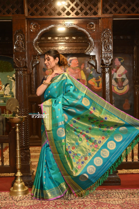 ROYAL WEAVE! Authentic Pure Silk Handloom Turquoise Blue Maharani Paithani With Exclusive Maharani Pallu