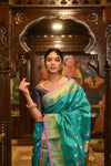 ROYAL WEAVE! Authentic Pure Silk Handloom Turquoise Blue Maharani Paithani With Exclusive Maharani Pallu