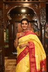 ROYAL WEAVE! Authentic Pure Silk Handloom Mellow Yellow Maharani Paithani With Contrast Red Maharani Pallu
