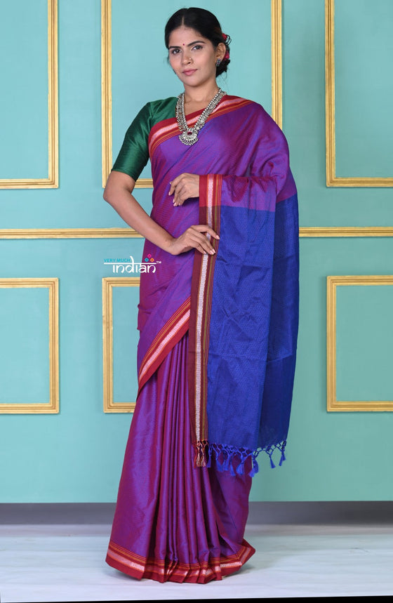Authentic Cotton And Pure Resham Khun Saree With Contrast Pallu - Dual Tone Pink-Purple
