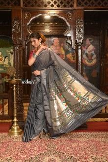  Authentic Handloom Pure Cotton Paithani with  Handcrafted Asawali Pallu~ Grey Silver