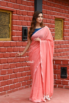 Saadgi ~Pure Cotton Handloom Sarees with Intricate Borders ~ Peach