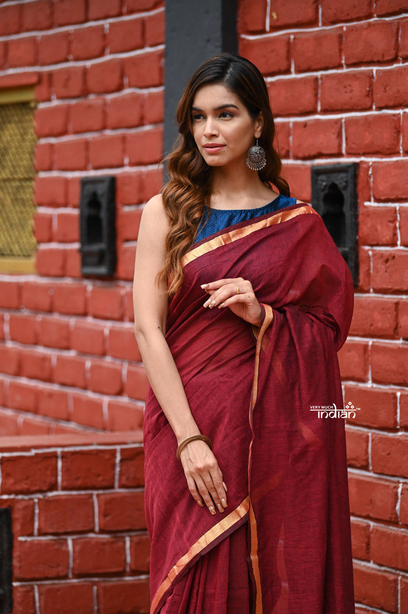 Saadgi ~Pure Cotton Handloom Sarees with Intricate Borders ~ Maroon