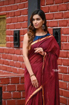 Saadgi ~Pure Cotton Handloom Sarees with Intricate Borders ~ Maroon