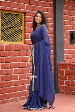 Saadgi ~Pure Cotton Handloom Sarees with Intricate Borders ~ Dark Blue