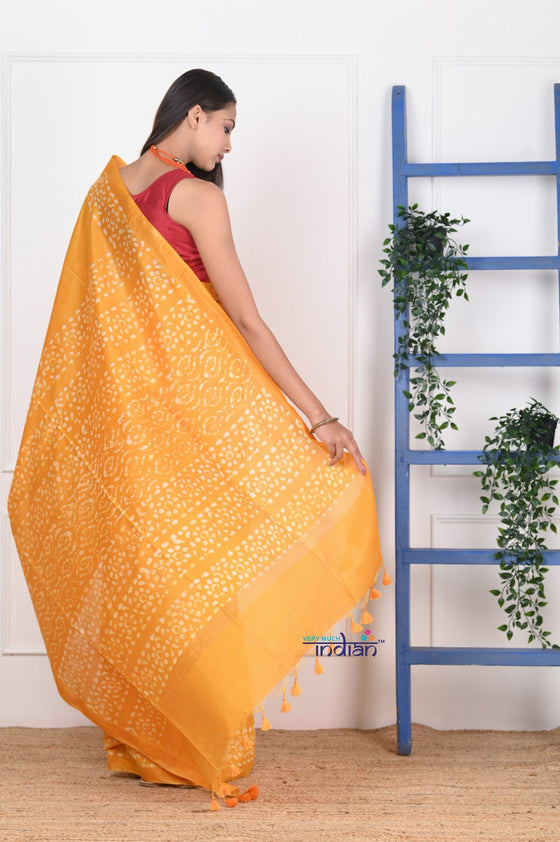 EXCLUSIVE! Handmade Tie and Dye Cotton Turmeric Yellow Saree By Women Weavers
