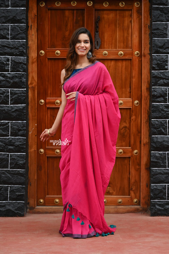 Saadgi ~Pure Cotton Handloom Sarees with Intricate Borders ~ Pink