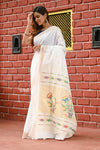 Rajsi~ Pure Cotton Handloom with Lotus Pallu - White with Subtle Golden Border