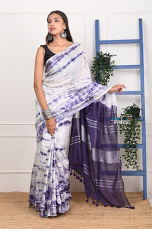  EXCLUSIVE! Handmade Tie and Dye Cotton White- Purple Saree By Women Weavers