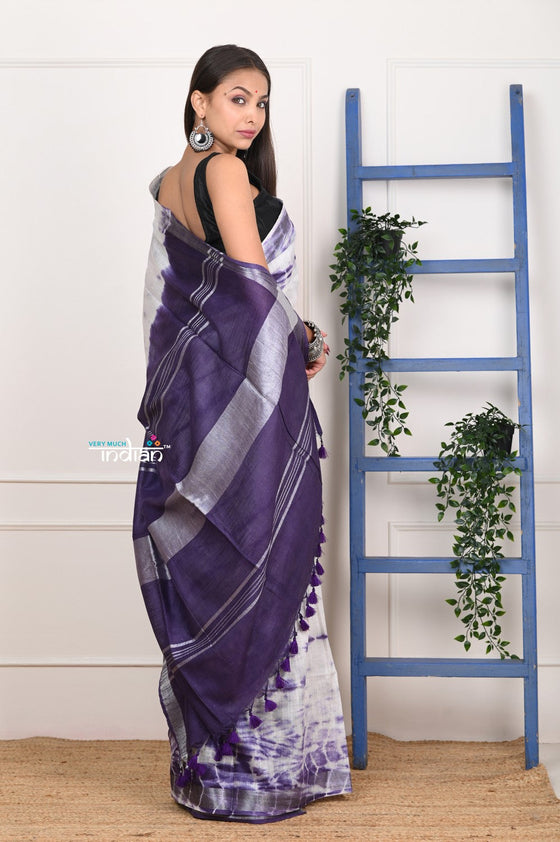 EXCLUSIVE! Handmade Tie and Dye Cotton White- Purple Saree By Women Weavers