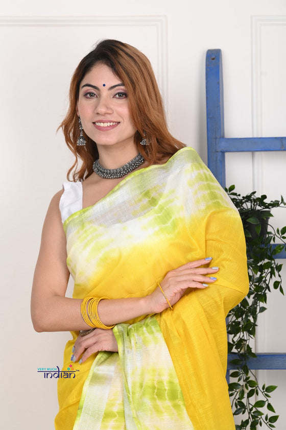 EXCLUSIVE! Handmade Tie and Dye Cotton Lime Yellow- Green Saree By Women Weavers