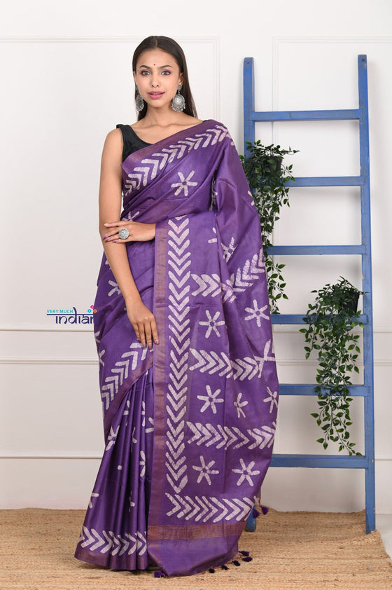 EXCLUSIVE! Handmade Tie and Dye Cotton Hand Block Print Purple Saree By Women Weavers