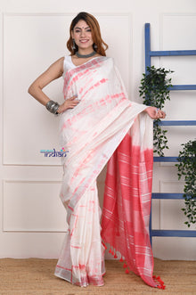  EXCLUSIVE! Handmade Tie and Dye Cotton White-Peach Lehriya Saree By Women Weavers