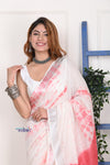 EXCLUSIVE! Handmade Tie and Dye Cotton White-Peach Lehriya Saree By Women Weavers