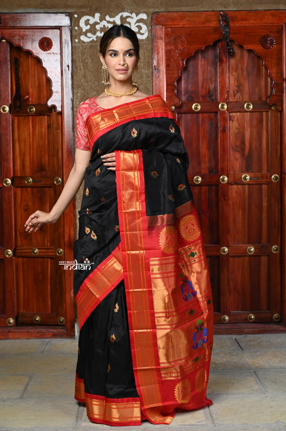 Shop  Pure Silk Handloom - Maharani Paithani in Beautiful Black with Firey Red Border