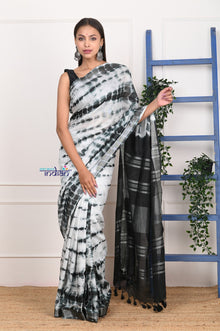  EXCLUSIVE! Handmade Tie and Dye Cotton White- Black Lehriya Saree By Women Weavers