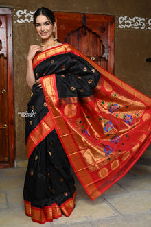   Pure Silk Handloom - Maharani Paithani in Beautiful Black with Firey Red Border