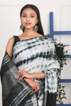 EXCLUSIVE! Handmade Tie and Dye Cotton White- Black Lehriya Saree By Women Weavers