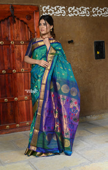  Rajsi~ Pure Silk Handloom - Maharani Paithani in Dual Tone Turquoise Blue with Light Blue Silk Border