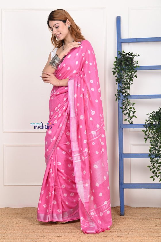 EXCLUSIVE! Handmade Tie and Dye Cotton Bindu Powder Pink Saree By Women Weavers