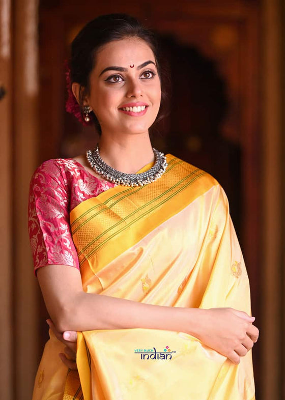 BestSeller Rajsi~ Pure Silk Handloom - Maharani Paithani in Deep Yellow with Bright Yellow Border