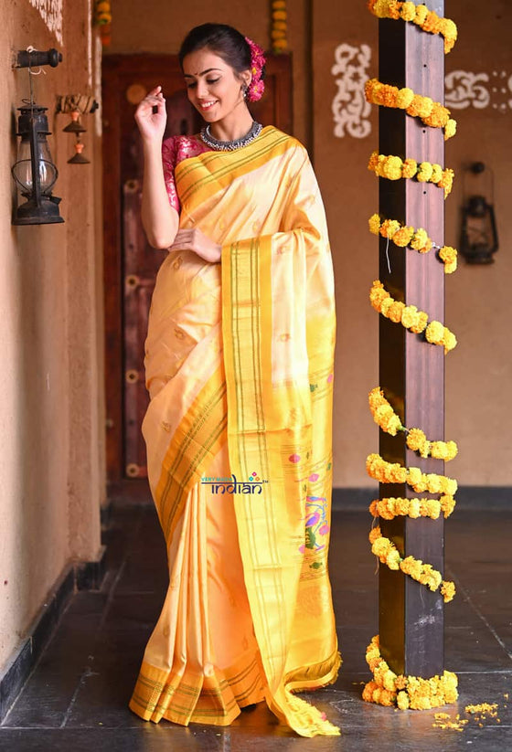 BestSeller Rajsi~ Pure Silk Handloom - Maharani Paithani in Deep Yellow with Bright Yellow Border