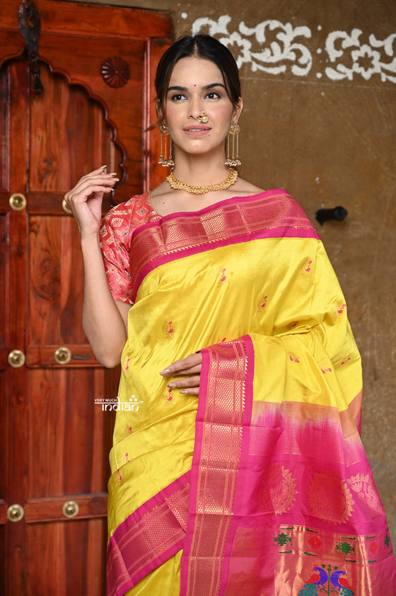 Buy Pure Silk Handloom - Maharani Paithani in Bright Yellow with Bright Pink Border