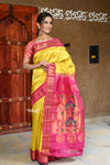 Shop Pure Silk Handloom - Maharani Paithani in Bright Yellow with Bright Pink Border